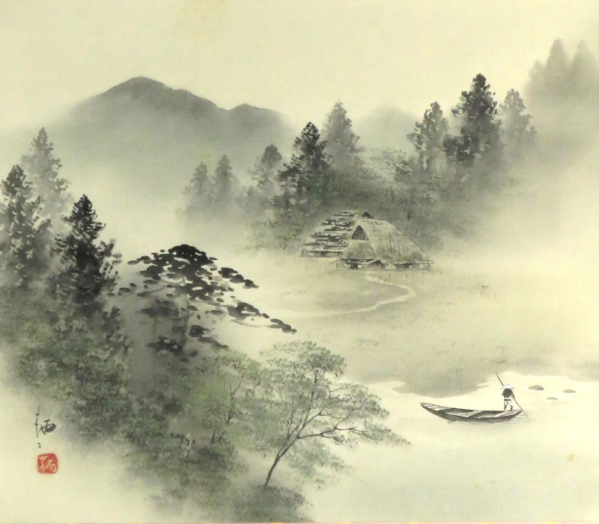 ◆◇掛軸 栖二 山邦風景 詳細不明 尺八横 hanging scroll◇◆年中掛け 普段掛け 無事祈願 彩色山水 水墨画 JY1789_画像1