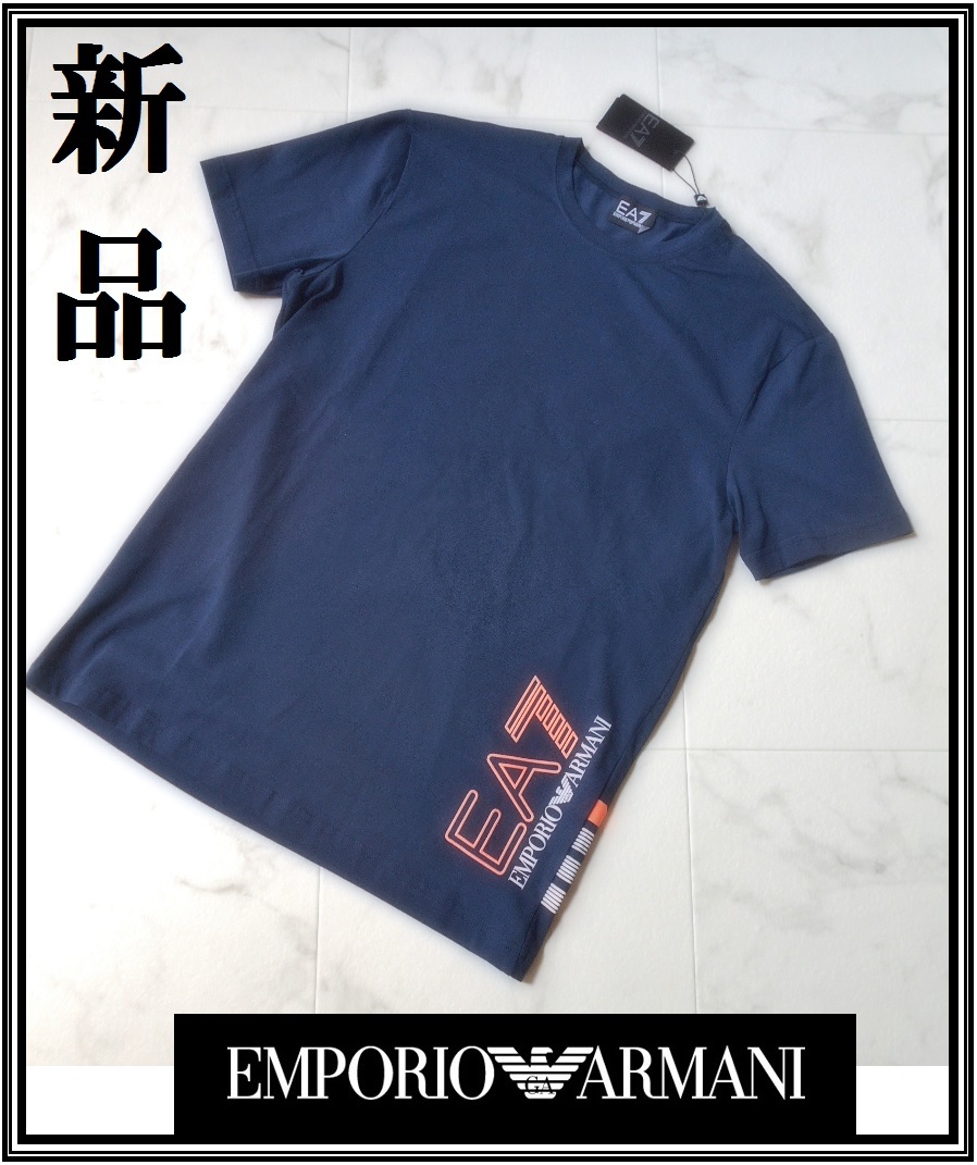 新品★アルマーニ Tシャツ ネイビー オレンジ Sサイズ EA7 EMPORIO ARMANI エンポリオアルマーニ メンズ クルーネック Tシャツ ブランドT