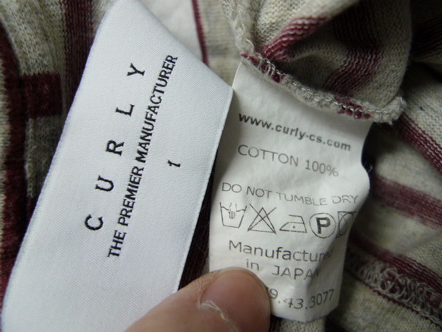 ◆CURLY カーリー Vネック ボーダー カットソー ７分袖 Tシャツ エンジ系 サイズ1　日本製_画像5