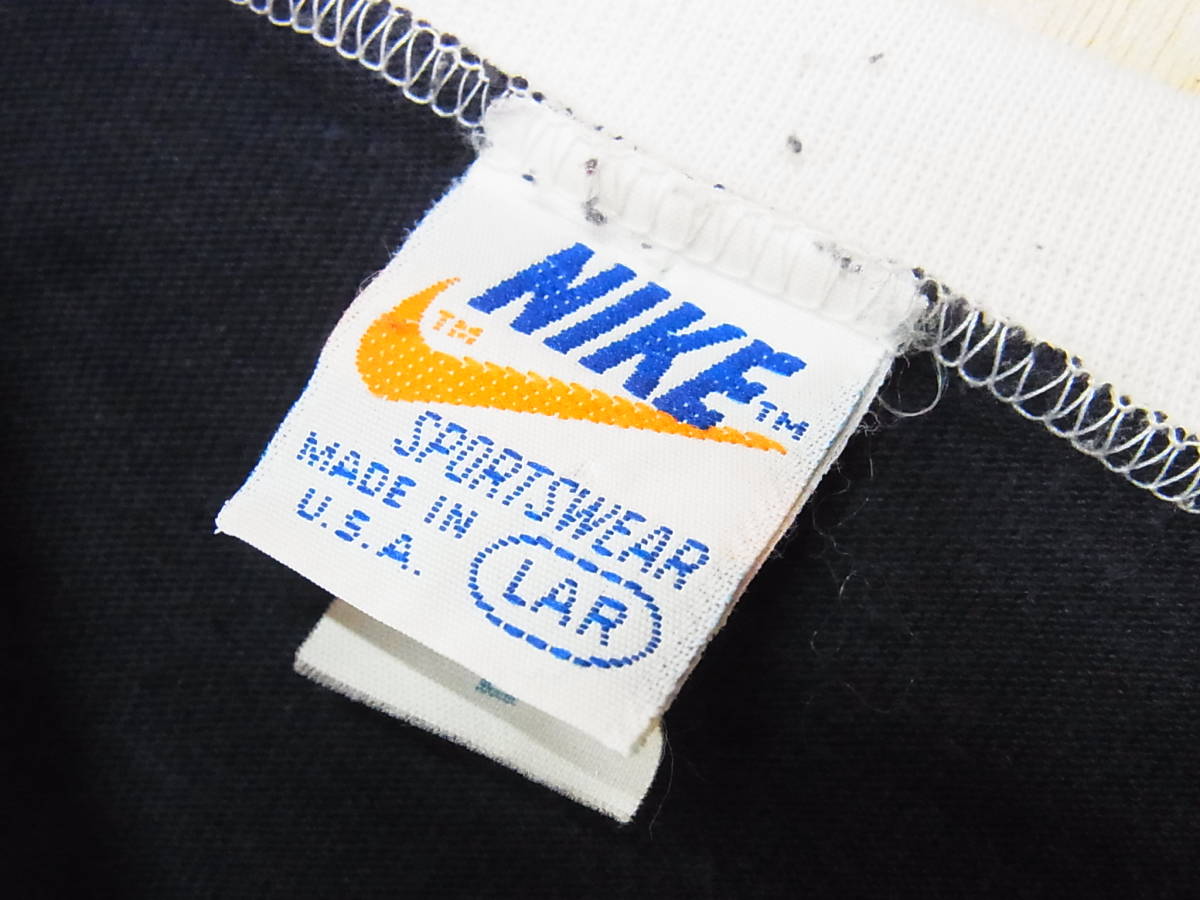 希少 NIKE ナイキ ビンテージ アメリカ製 ワンポイントロゴ 70S オレンジタグ 刺繍 半袖 Tシャツ 紺ｘ緑 サイズL_画像4