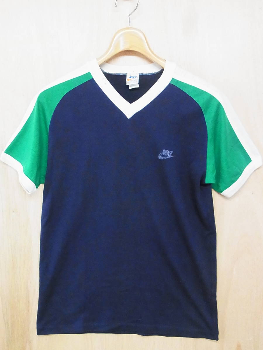 希少 NIKE ナイキ ビンテージ アメリカ製 ワンポイントロゴ 70S オレンジタグ 刺繍 半袖 Tシャツ 紺ｘ緑 サイズL