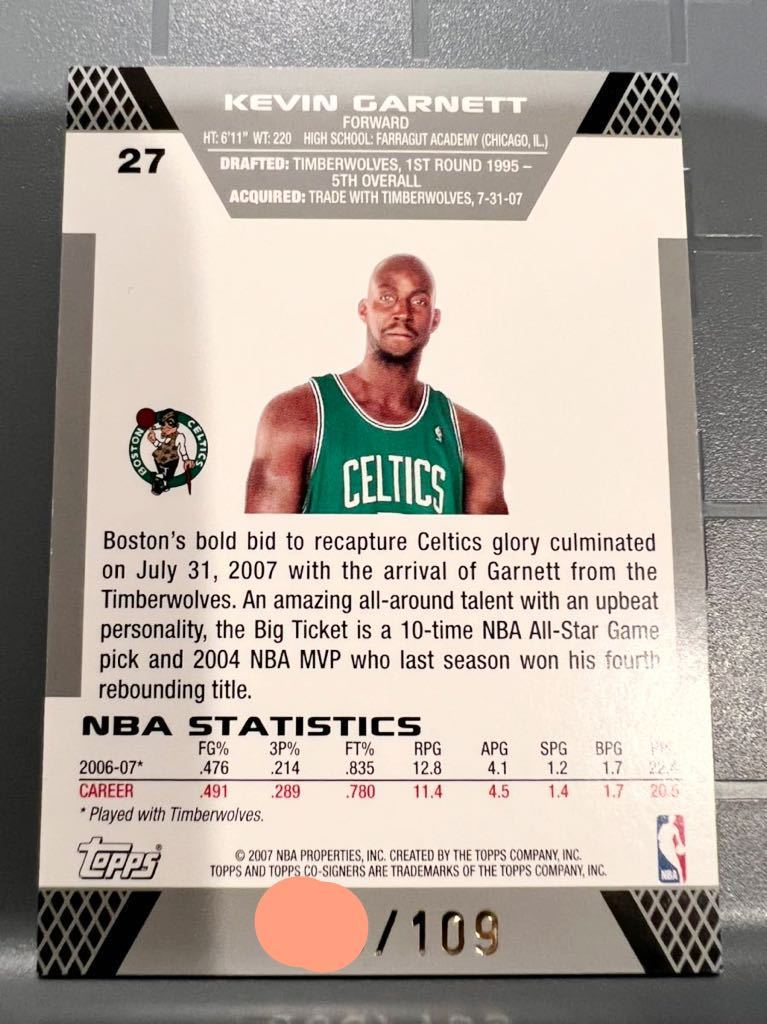 激レア金/109枚限定 Insert 07-08 Topps Boston Celtics Kevin Garnett Ray Allen ケビン・ガーネット レイ・アレン セルティックス 優勝_画像2