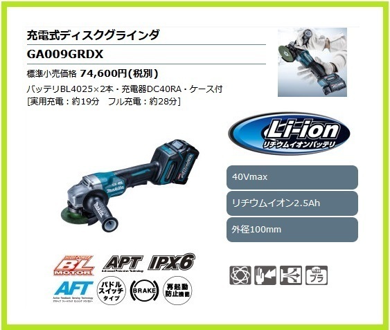 マキタ 100mm 40Vmax 充電式ディスクグラインダ GA009GRDX【パドル