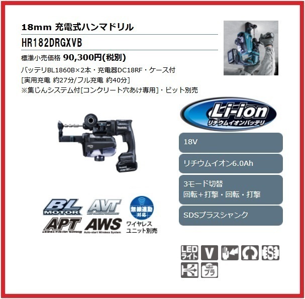 上品】 18V 18mm マキタ 充電式ハンマドリル (黒)【集じんシステム搭載