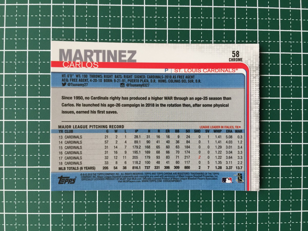 ★TOPPS MLB 2019 TOPPS CHROME SAPPHIRE #58 CARLOS MARTINEZ［ST. LOUIS CARDINALS］ベースカード SERIES 1 19★_画像2