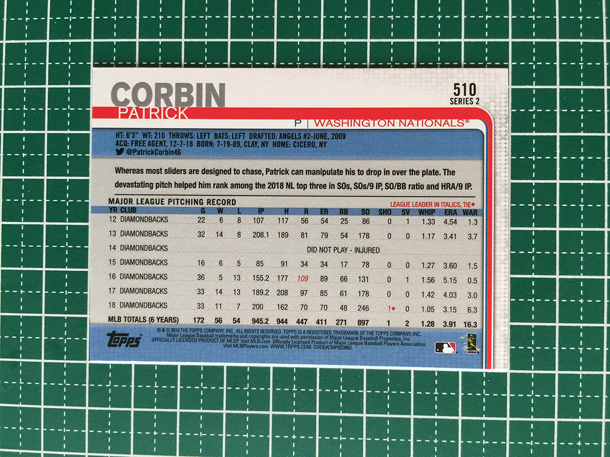 ★TOPPS MLB 2019 SERIES 2 #510 PATRICK CORBIN［WASHINGTON NATIONALS］ベースカード 19★_画像2