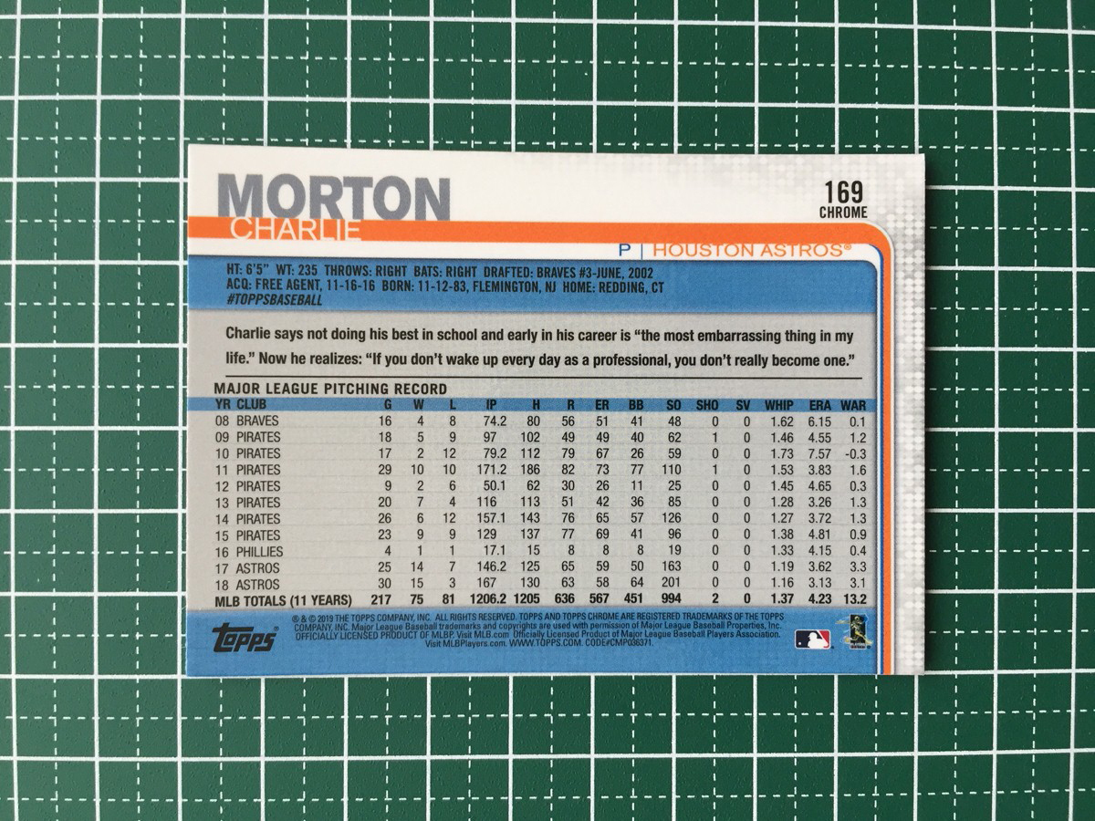 ★TOPPS MLB 2019 TOPPS CHROME SAPPHIRE #169 CHARLIE MORTON［HOUSTON ASTROS］ベースカード SERIES 1 19★_画像2