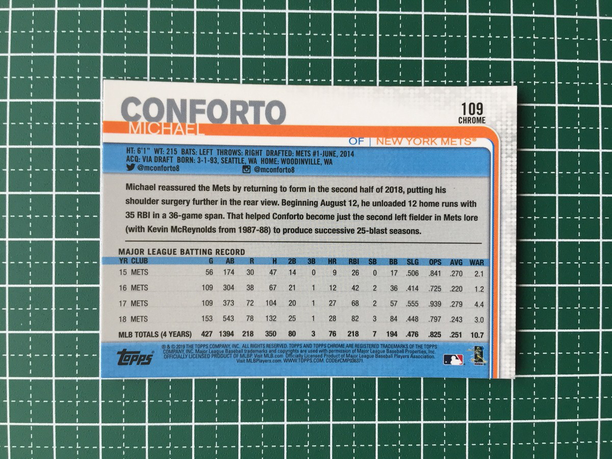 ★TOPPS MLB 2019 TOPPS CHROME SAPPHIRE #109 MICHAEL CONFORTO［NEW YORK METS］ベースカード SERIES 1 19★_画像2