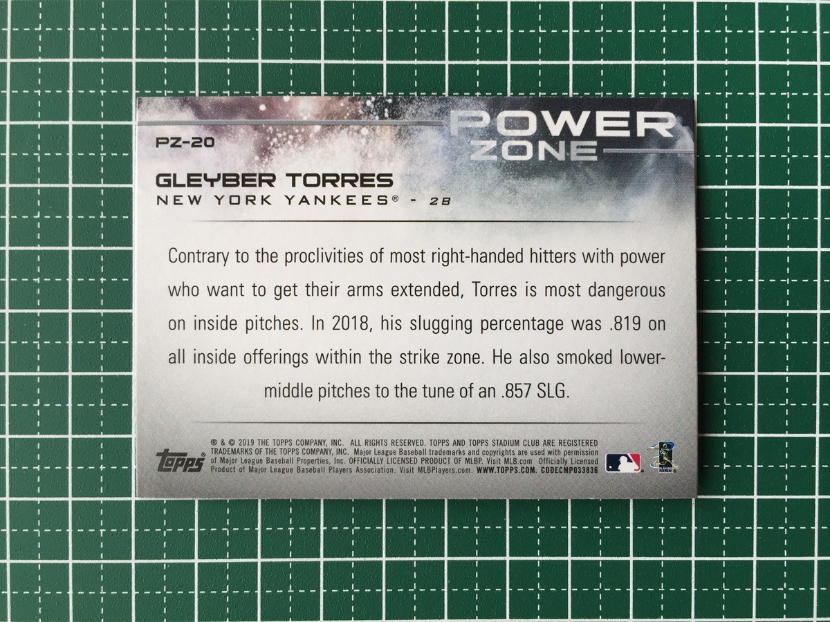 ★TOPPS MLB 2019 STADIUM CLUB #PZ-20 GLEYBER TORRES［NEW YORK YANKEES］インサートカード「POWER ZONE」★_画像2