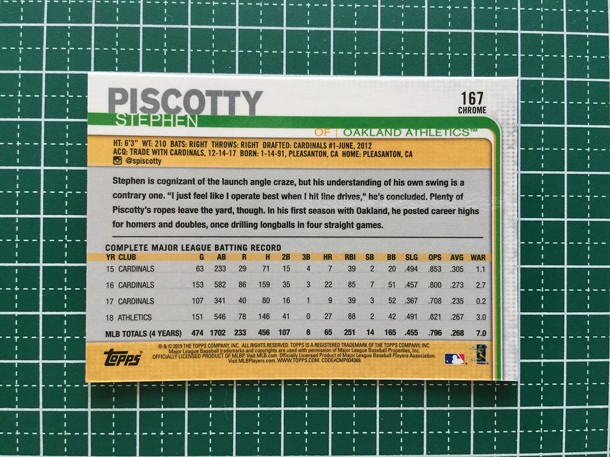 ★TOPPS MLB 2019 TOPPS CHROME #167 STEPHEN PISCOTTY［OAKLAND ATHLETICS］ベースカード 19★_画像2