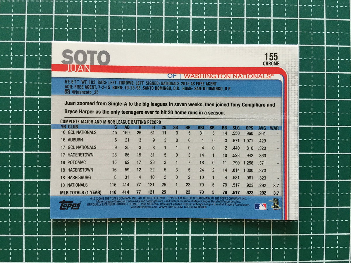 ★TOPPS MLB 2019 TOPPS CHROME #155 JUAN SOTO［WASHINGTON NATIONALS］ベースカード 19★_画像2