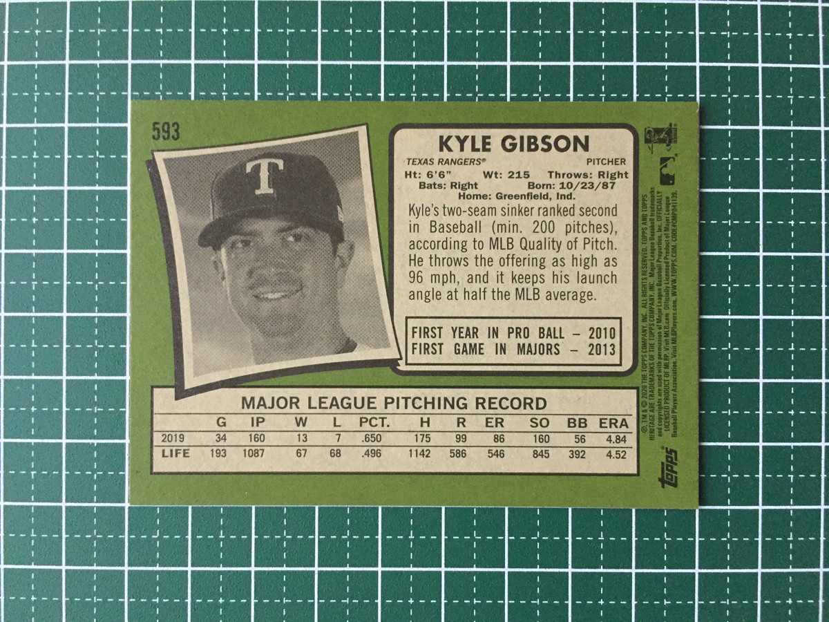 ★TOPPS MLB 2020 HERITAGE HIGH NUMBER #593 KYLE GIBSON［TEXAS RANGERS］ベースカード 20★_画像2