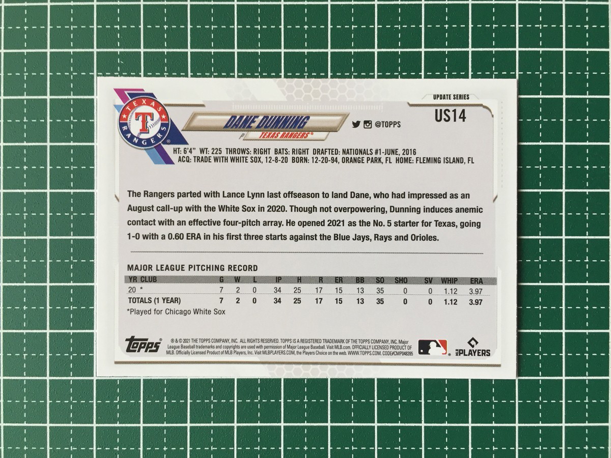 ★TOPPS MLB 2021 UPDATE #US14 DANE DUNNING［TEXAS RANGERS］ベースカード「BASE」ルーキー RC★_画像2