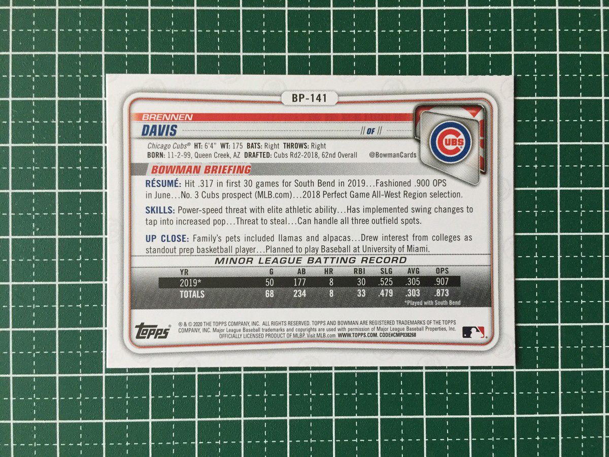 ★TOPPS MLB 2020 BOWMAN #BP-141 BRENNEN DAVIS［CHICAGO CUBS］ベースカード PROSPECTS プロスペクト 20★_画像2