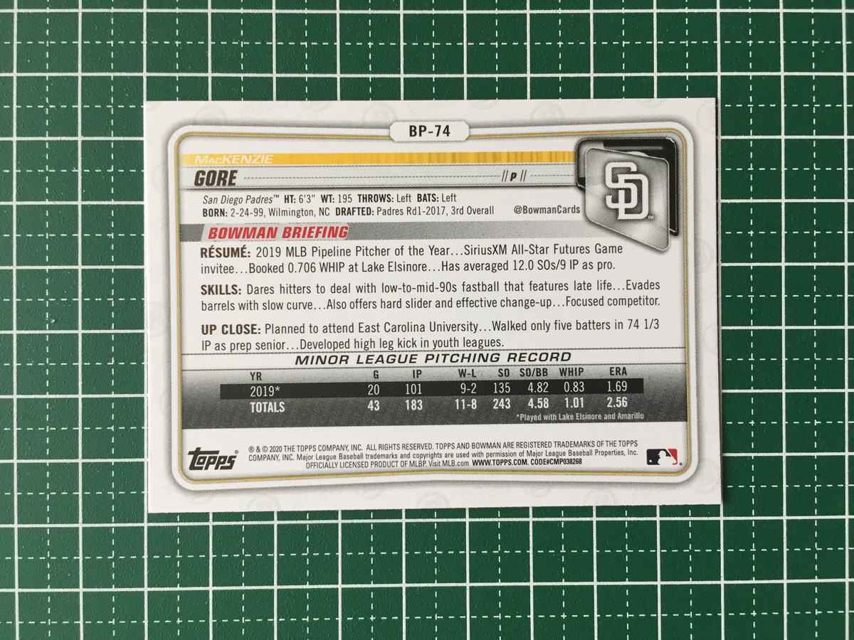 ★TOPPS MLB 2020 BOWMAN #BP-74 MacKENZIE GORE［SAN DIEGO PADRES］ベースカード PROSPECTS プロスペクト 20★の画像2