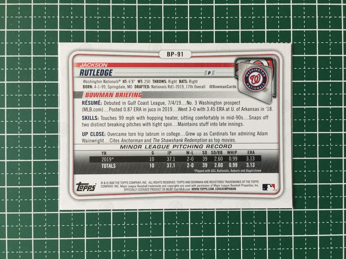 ★TOPPS MLB 2020 BOWMAN #BP-91 JACKSON RUTLEDGE［WASHINGTON NATIONALS］ベースカード PROSPECTS プロスペクト 1st 20★_画像2