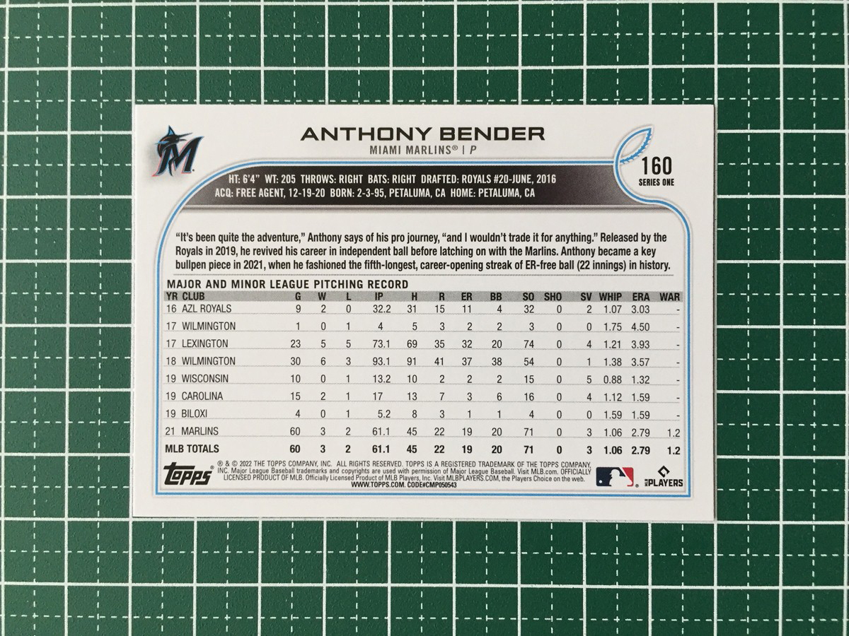 ★TOPPS MLB 2022 SERIES 1 #160 ANTHONY BENDER［MIAMI MARLINS］ベースカード「BASE」ルーキー「RC」★_画像2
