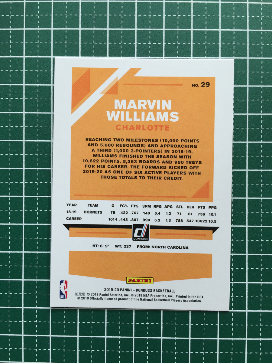 ★PANINI 2019-20 NBA DONRUSS #29 MARVIN WILLIAMS［CHARLOTTE HORNETS］ベースカード 2020★_画像2