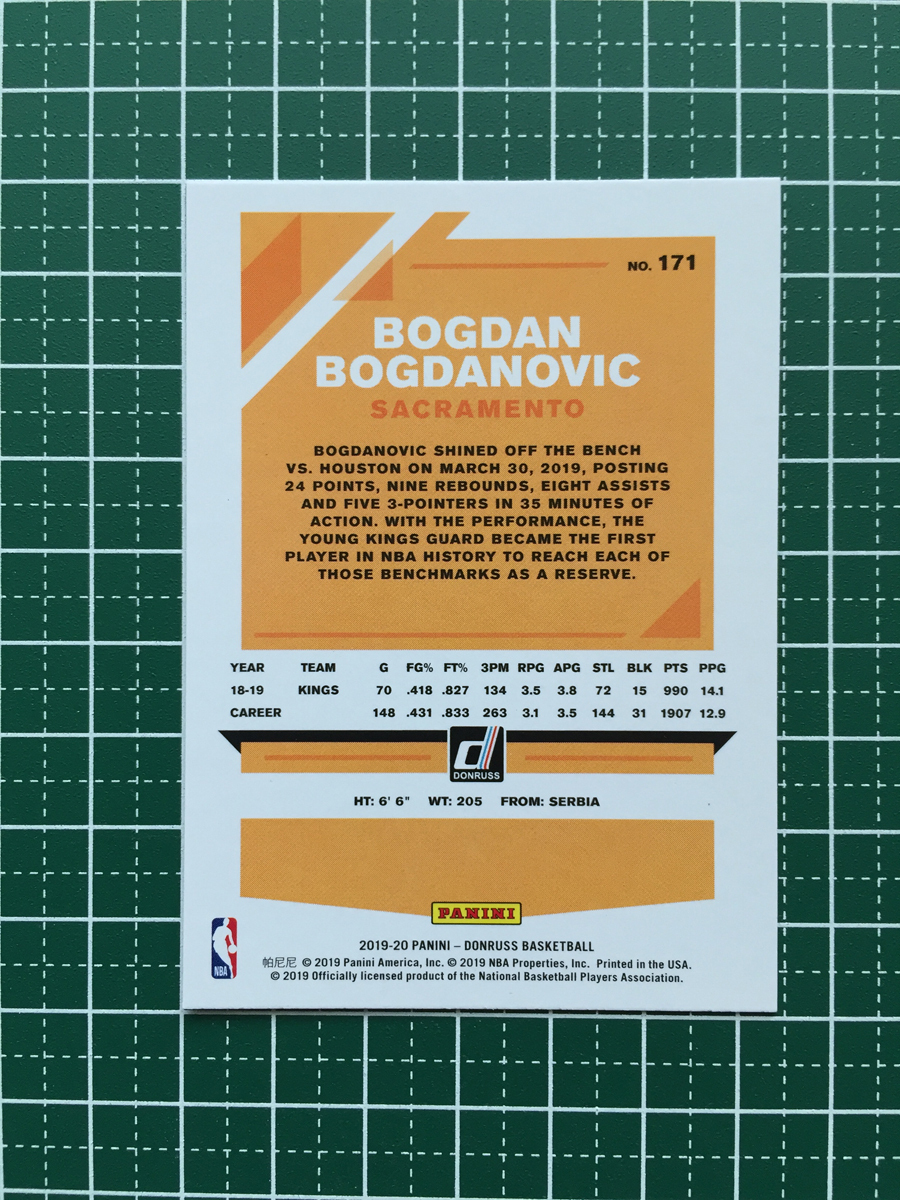 ★PANINI 2019-20 NBA DONRUSS #171 BOGDAN BOGDANOVIC［SACRAMENTO KINGS］ベースカード 2020★_画像2