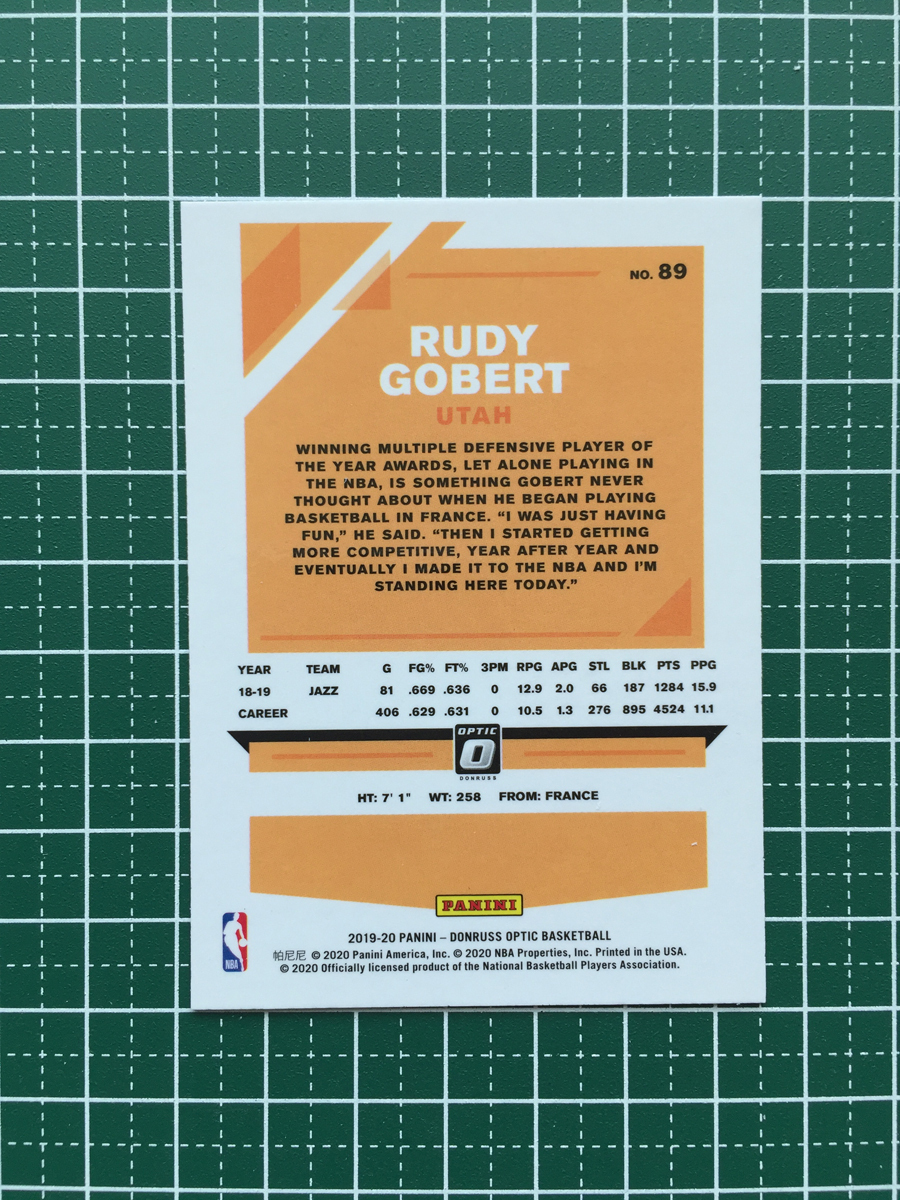 ★PANINI 2019-20 NBA DONRUSS OPTIC #89 RUDY GOBERT［UTAH JAZZ］ベースカード 2020★_画像2