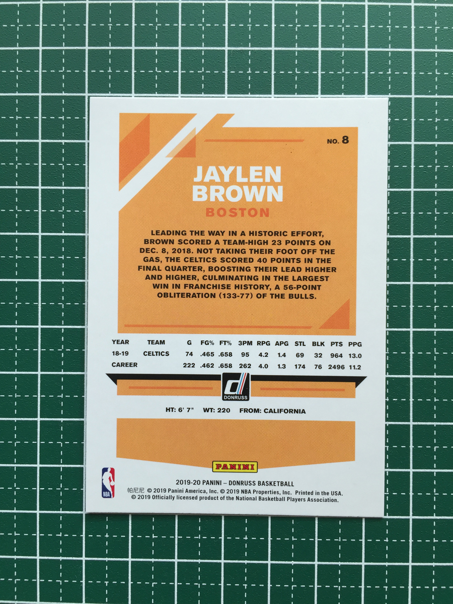 ★PANINI 2019-20 NBA DONRUSS #8 JAYLEN BROWN［BOSTON CELTICS］ベースカード 2020★_画像2