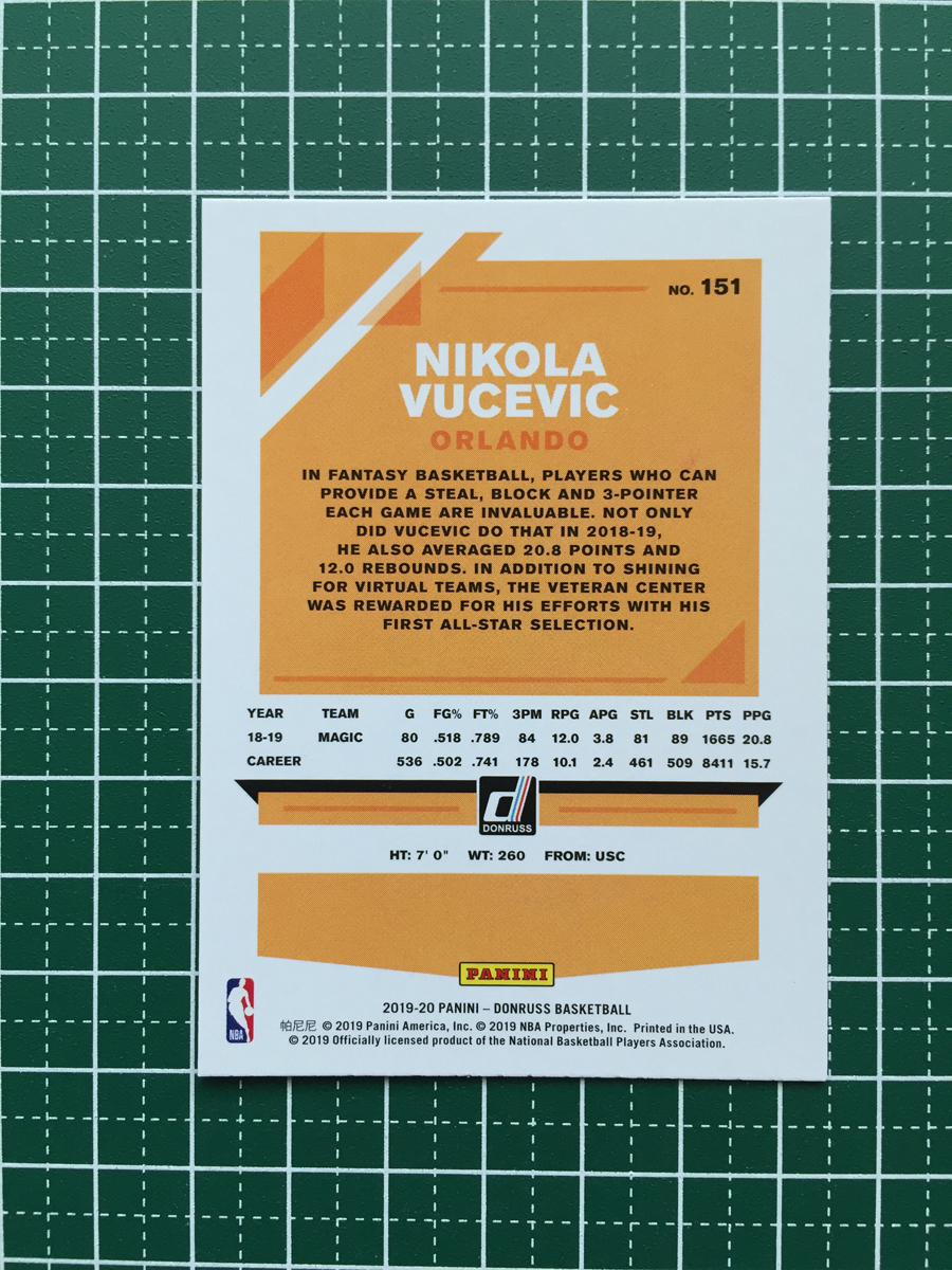★PANINI 2019-20 NBA DONRUSS #151 NIKOLA VUCEVIC［ORLANDO MAGIC］ベースカード 2020★_画像2