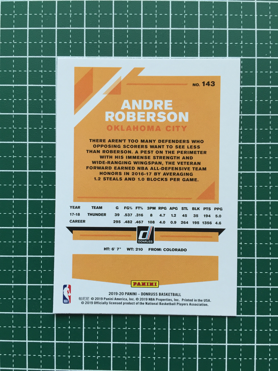 ★PANINI 2019-20 NBA DONRUSS #143 ANDRE ROBERSON［OKLAHOMA CITY THUNDER］ベースカード 2020★_画像2