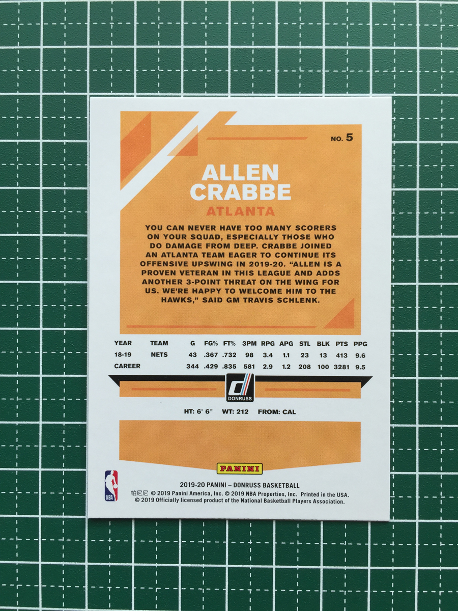 ★PANINI 2019-20 NBA DONRUSS #5 ALLEN CRABBE［ATLANTA HAWKS］ベースカード 2020★_画像2