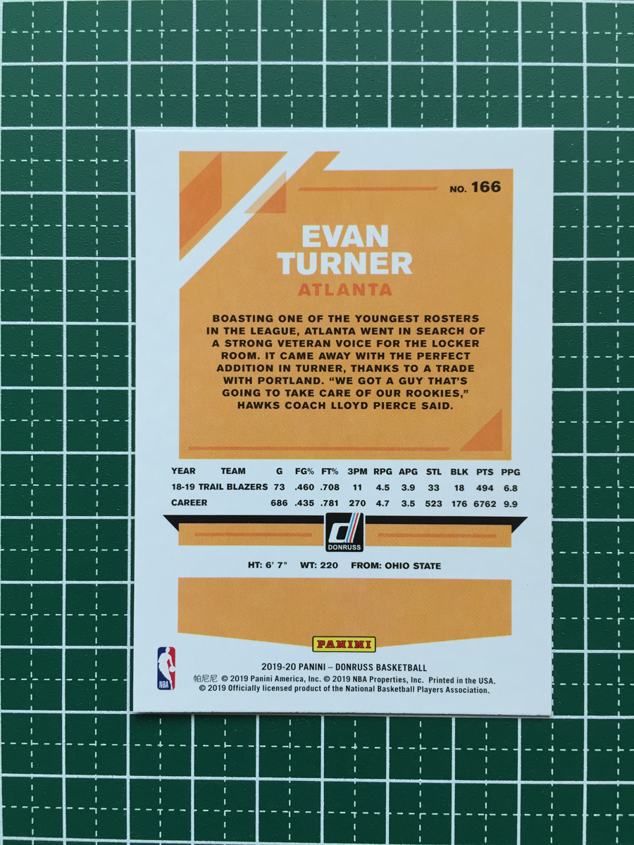 ★PANINI 2019-20 NBA DONRUSS #166 EVAN TURNER［ATLANTA HAWKS］ベースカード 2020★_画像2