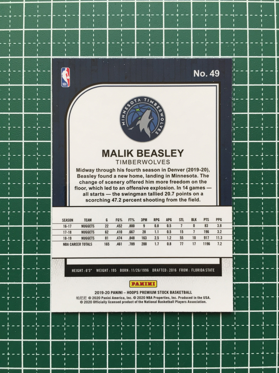 ★PANINI 2019-20 NBA HOOPS PREMIUM STOCK #49 MALIK BEASLEY［MINNESOTA TIMBERWOLVES］ベースカード★_画像2