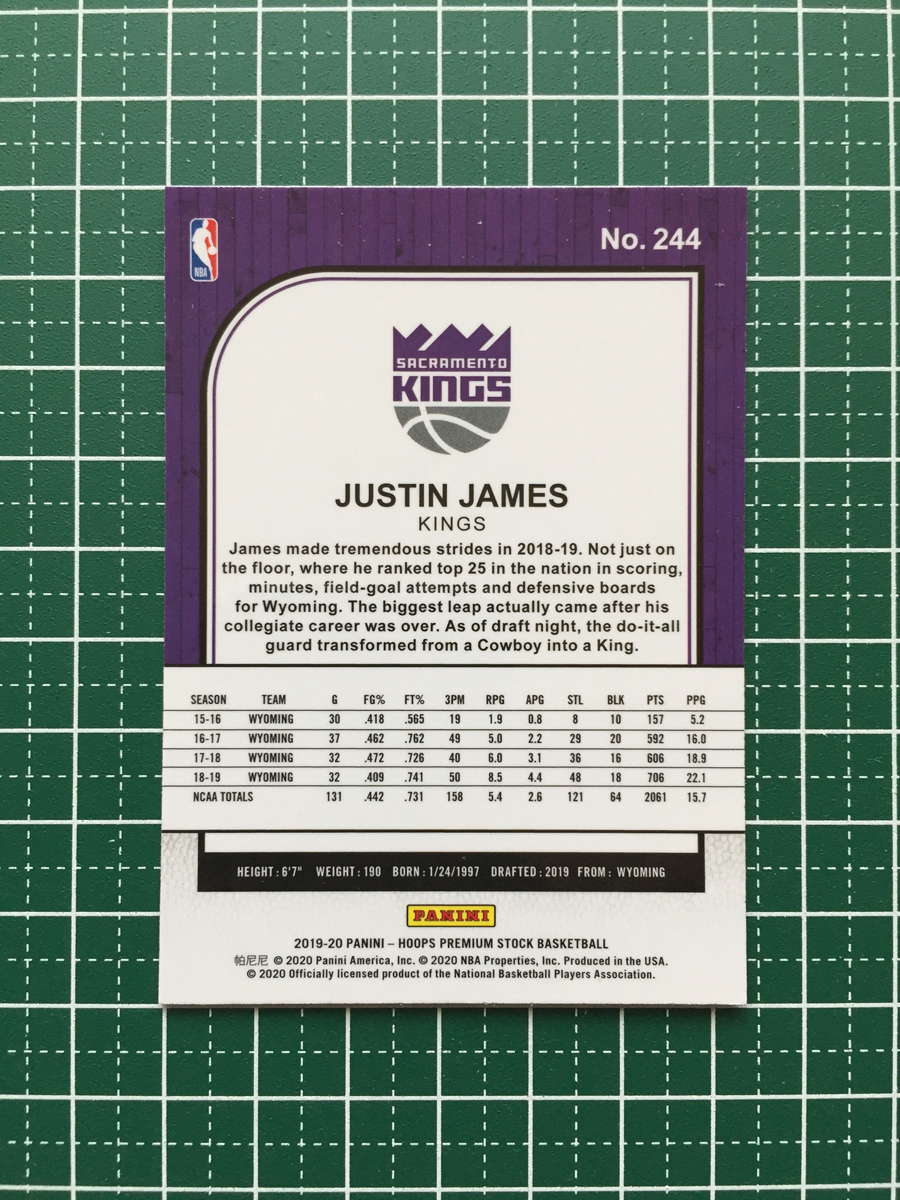 ★PANINI 2019-20 NBA HOOPS PREMIUM STOCK #244 JUSTIN JAMES［SACRAMENTO KINGS］ベースカード ルーキー RC★_画像2