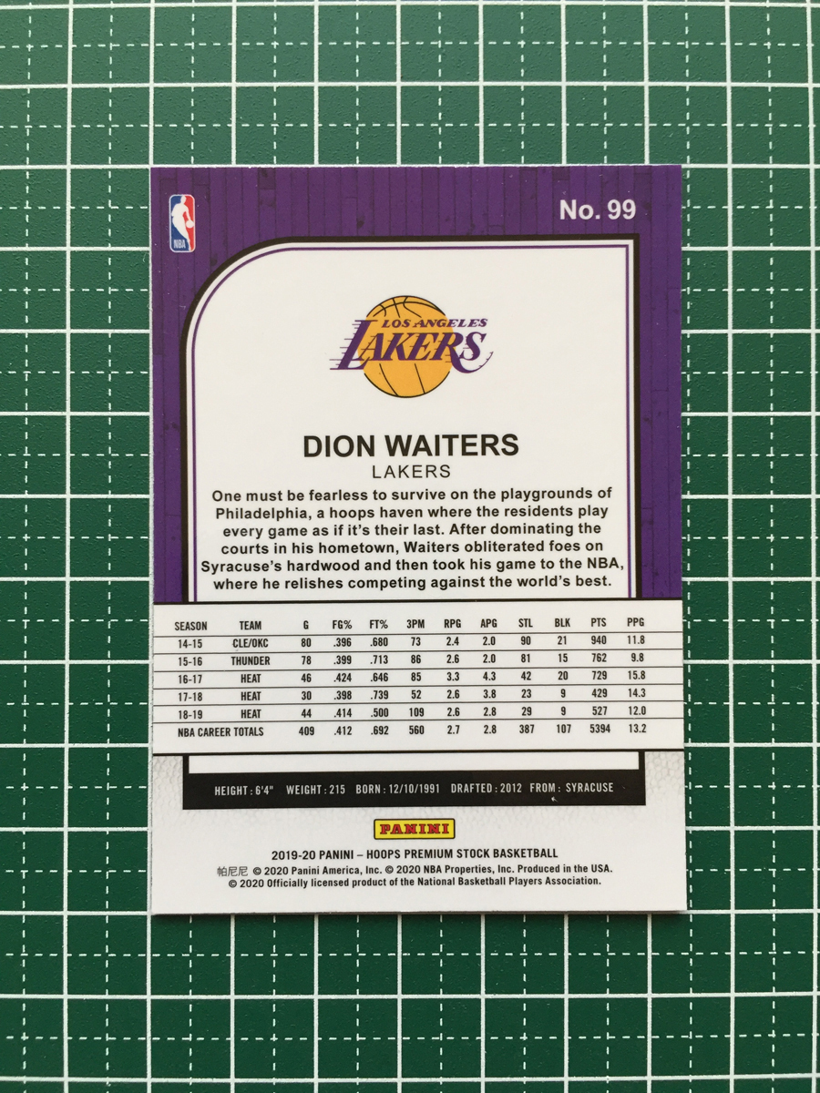 ★PANINI 2019-20 NBA HOOPS PREMIUM STOCK #99 DION WAITERS［LOS ANGELES LAKERS］ベースカード★_画像2