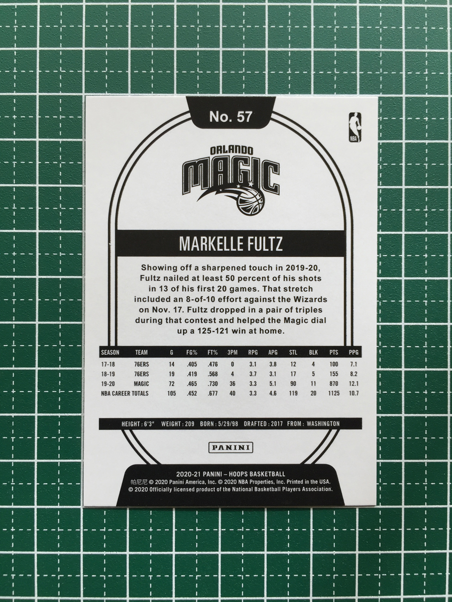 ★PANINI 2020-21 NBA HOOPS #57 MARKELLE FULTZ［ORLANDO MAGIC］ベースカード「BASE」★_画像2