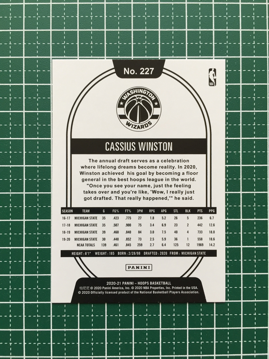 ★PANINI 2020-21 NBA HOOPS #227 CASSIUS WINSTON［WASHINGTON WIZARDS］ベースカード「ROOKIES」ルーキー RC★_画像2