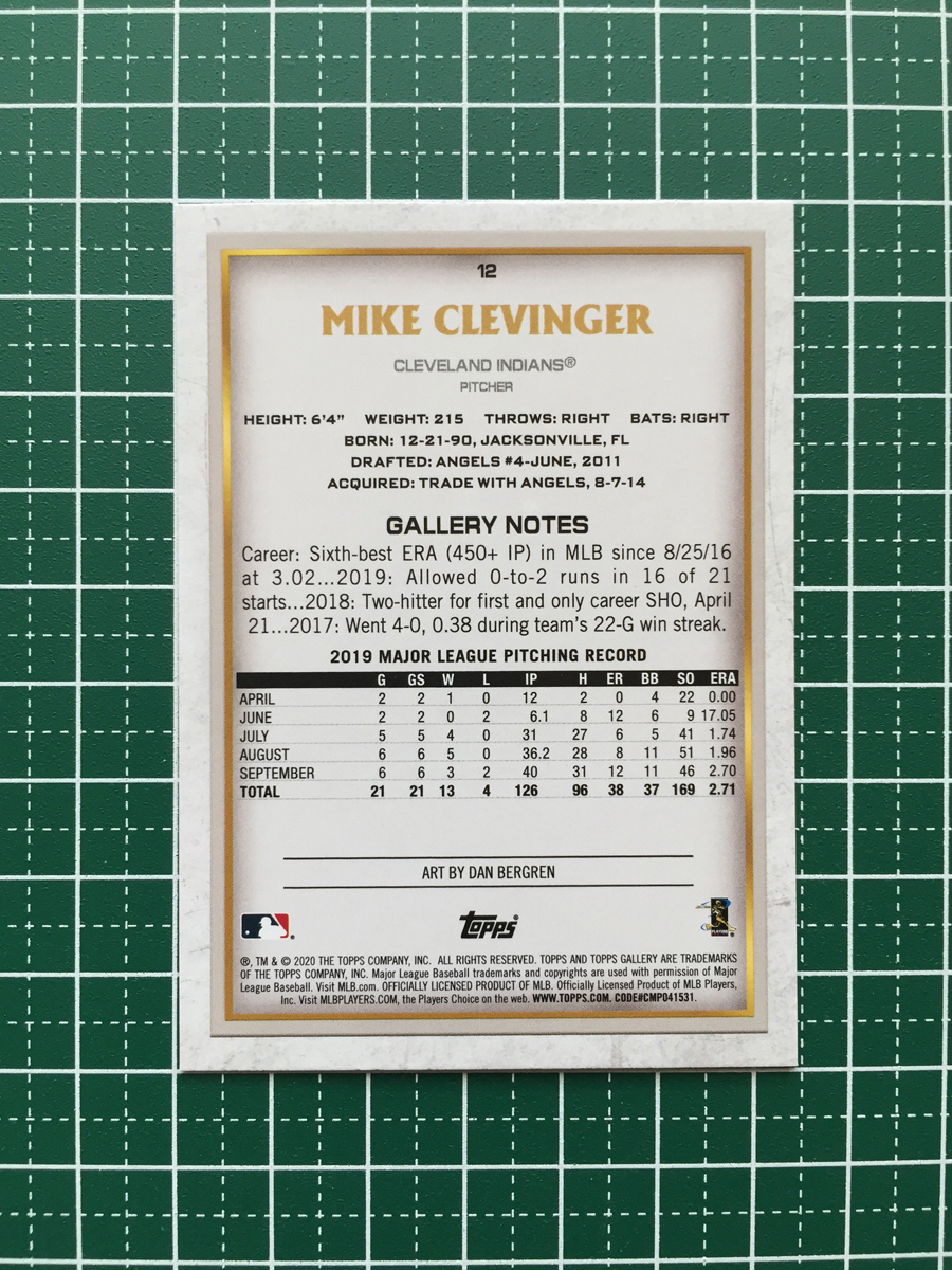 ★TOPPS MLB 2020 GALLERY BASEBALL #12 MIKE CLEVINGER［CLEVELAND INDIANS］ベースカード 20★_画像2