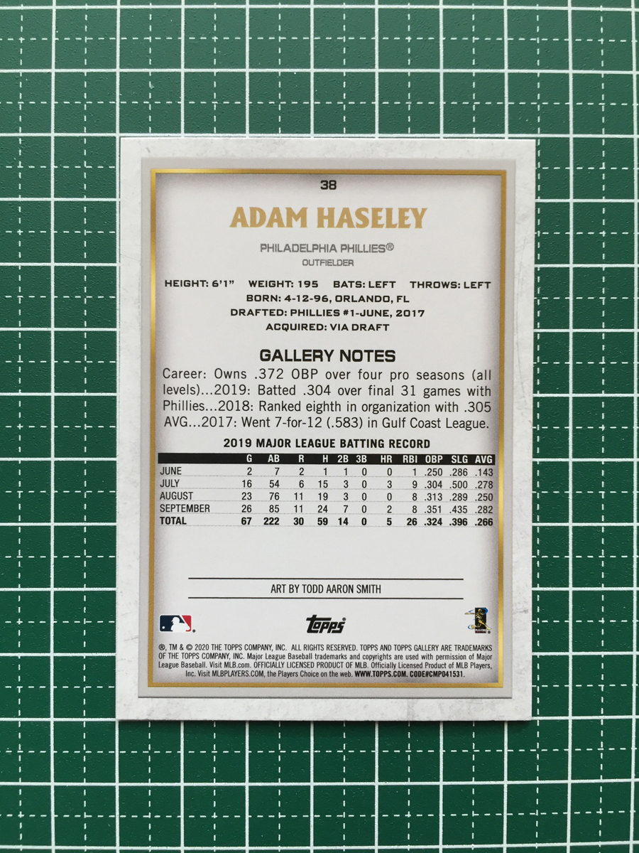 ★TOPPS MLB 2020 GALLERY BASEBALL #38 ADAM HASELEY［PHILADELPHIA PHILLIES］ベースカード 20★_画像2