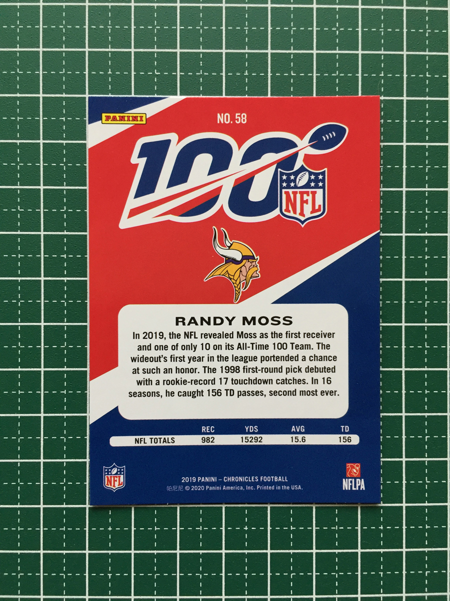 ★PANINI 2019 NFL CHRONICLES #58 RANDY MOSS［MINNESOTA VIKINGS］ベースカード 「NFL 100」 19★_画像2