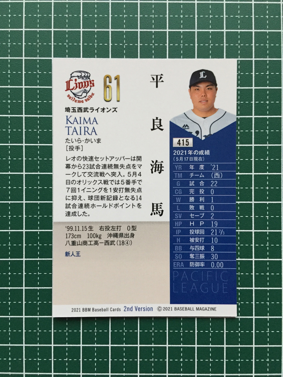 ★BBM 2021 プロ野球 2nd バージョン #415 平良海馬［埼玉西武ライオンズ］レギュラーカード★_画像2