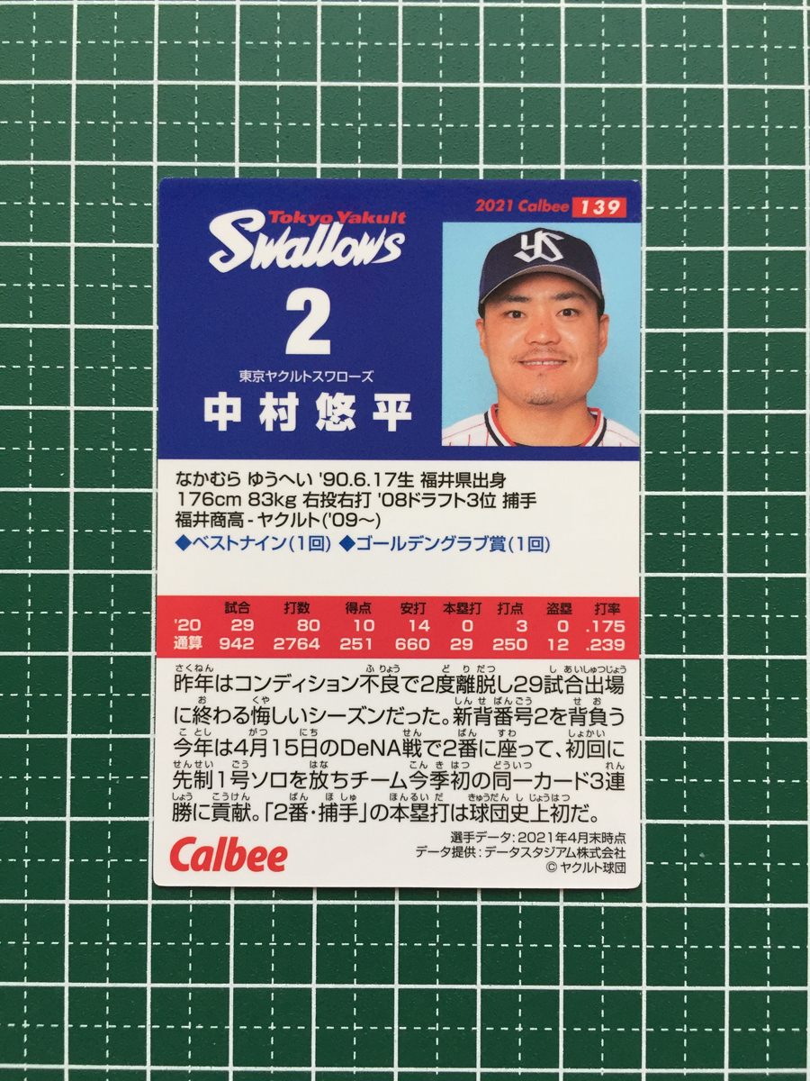 ★カルビー 2021 プロ野球チップスカード 第2弾 #139 中村悠平［東京ヤクルトスワローズ］第二弾 レギュラーカード★_画像2