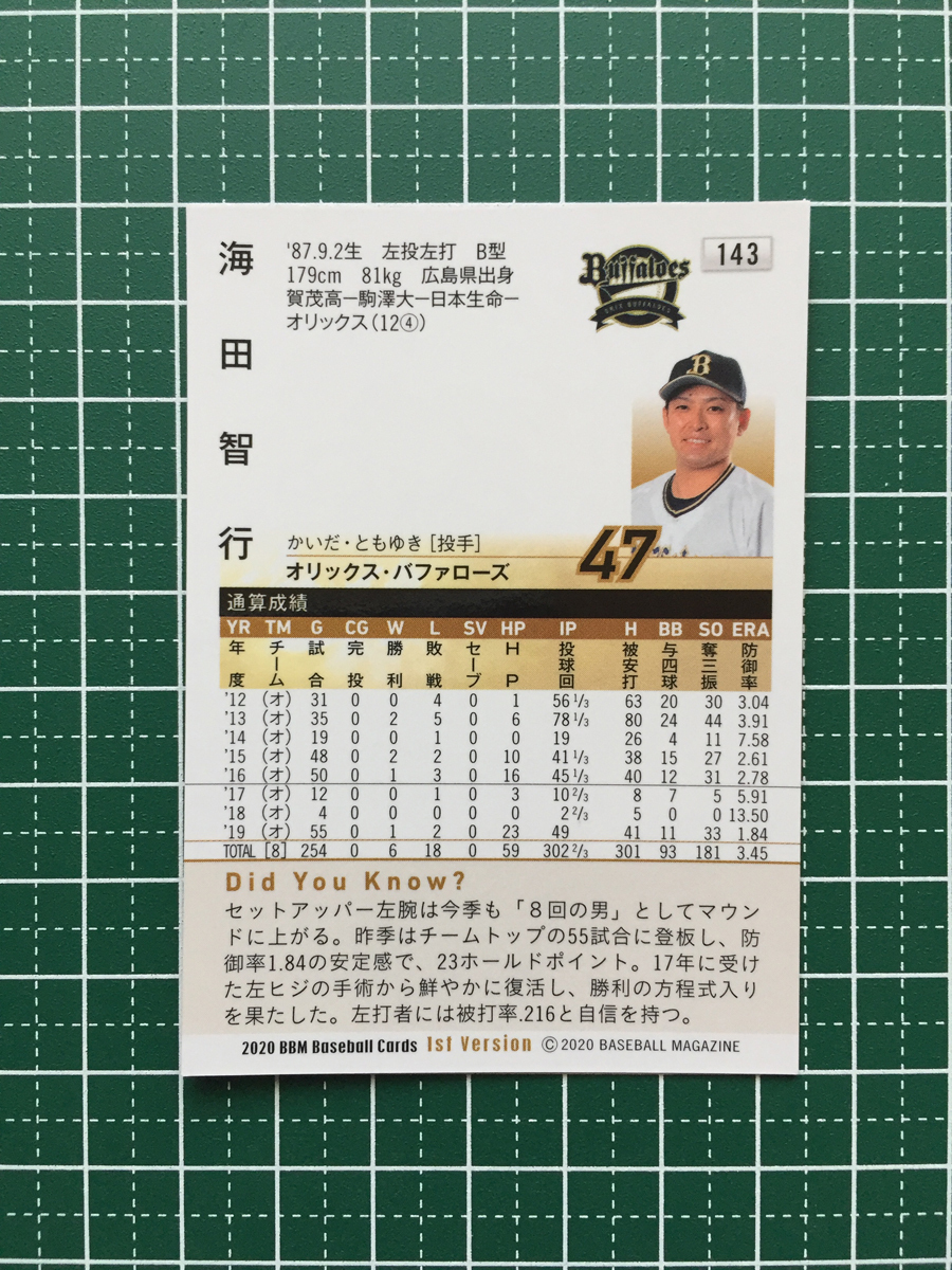 ★BBM 2020 プロ野球 1st バージョン #143 海田智行［オリックス・バファローズ］レギュラーカード 20★_画像2