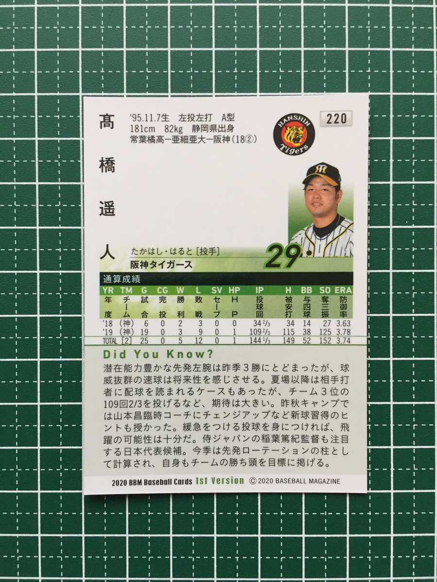 ★BBM 2020 プロ野球 1st バージョン #220 高橋遥人［阪神タイガース］レギュラーカード 20★_画像2