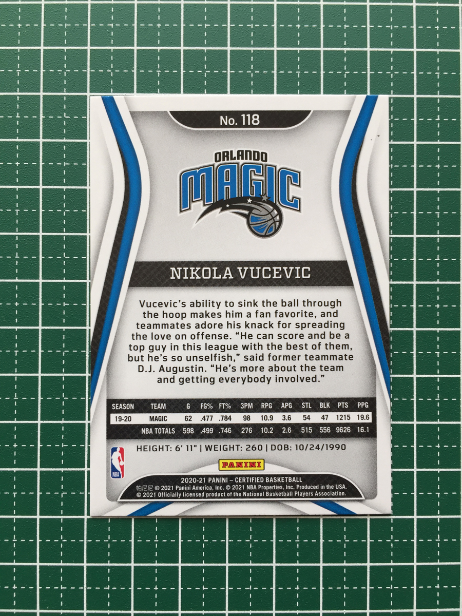 ★PANINI 2020-21 NBA CERTIFIED #118 NIKOLA VUCEVIC［ORLANDO MAGIC］ベースカード★_画像2