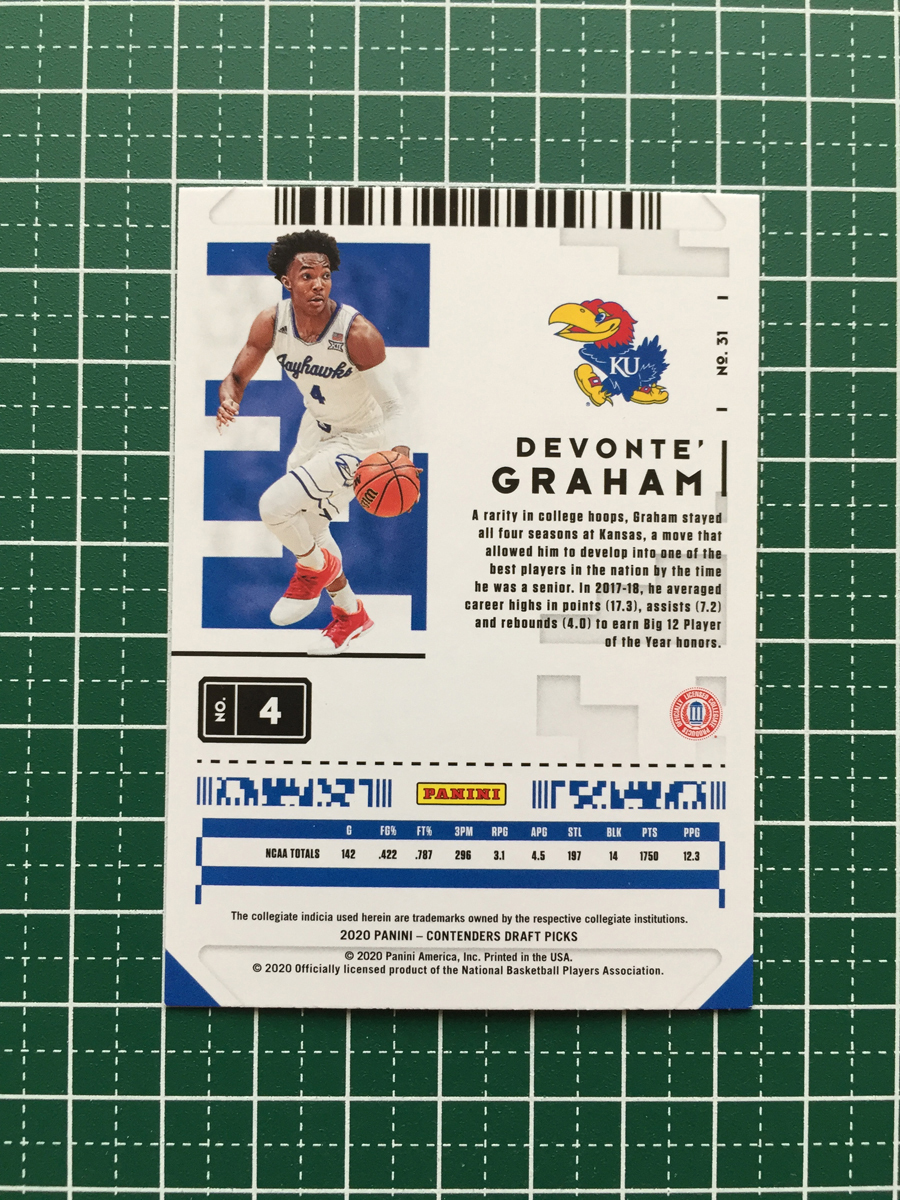 ★PANINI 2020-21 NBA CONTENDERS DRAFT PICKS #31 DEVONTE' GRAHAM［KANSAS JAYHAWKS］ベースカード「PROSPECT TICKET」★_画像2