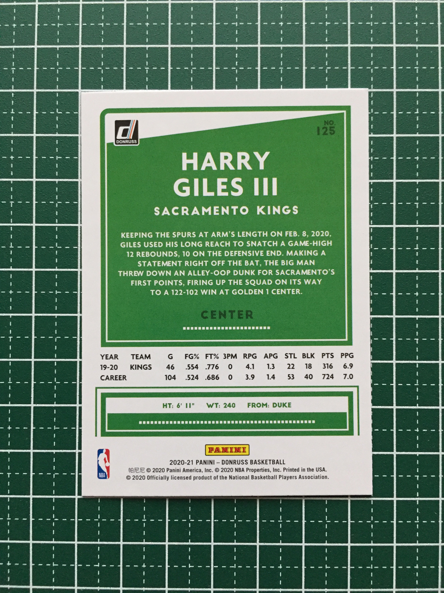 ★PANINI 2020-21 NBA DONRUSS #125 HARRY GILES III［SACRAMENTO KINGS］ベースカード「BASE」★_画像2