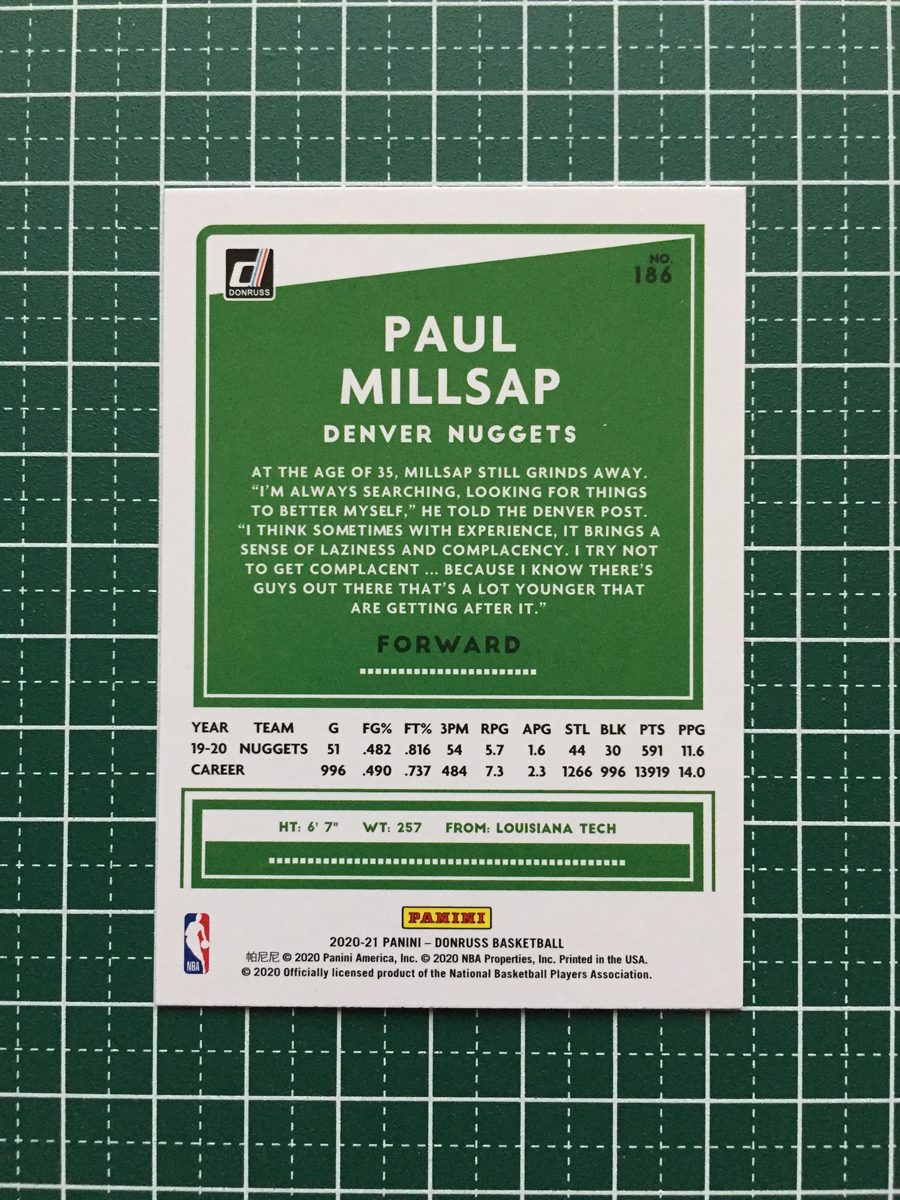 ★PANINI 2020-21 NBA DONRUSS #186 PAUL MILLSAP［DENVER NUGGETS］ベースカード「BASE」★_画像2