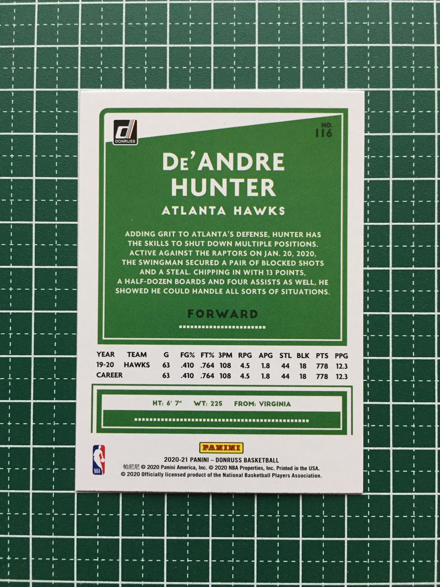★PANINI 2020-21 NBA DONRUSS #116 DE'ANDRE HUNTER［ATLANTA HAWKS］ベースカード「BASE」★_画像2