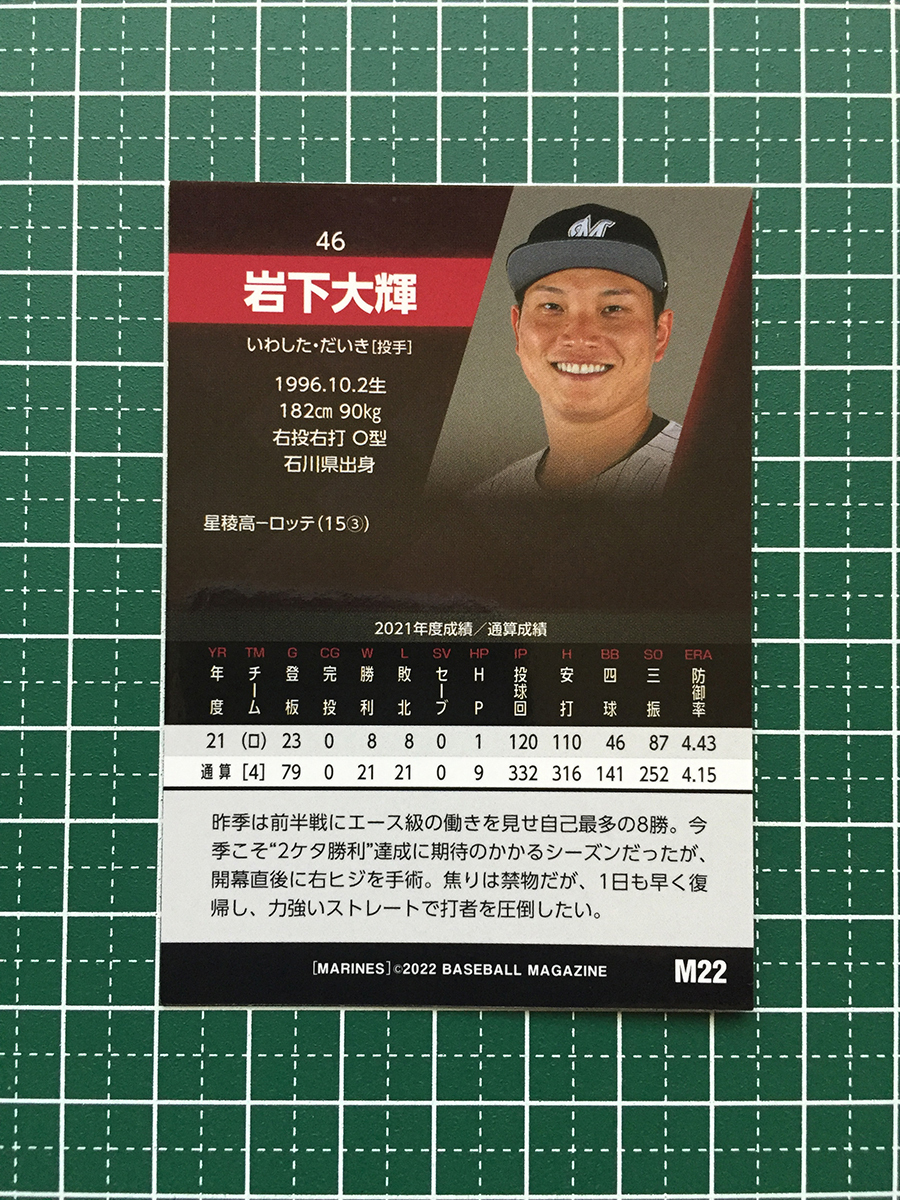 ★BBM 2022 プロ野球 ベースボールカード #M22 岩下大輝［千葉ロッテマリーンズ］レギュラーカード★の画像2