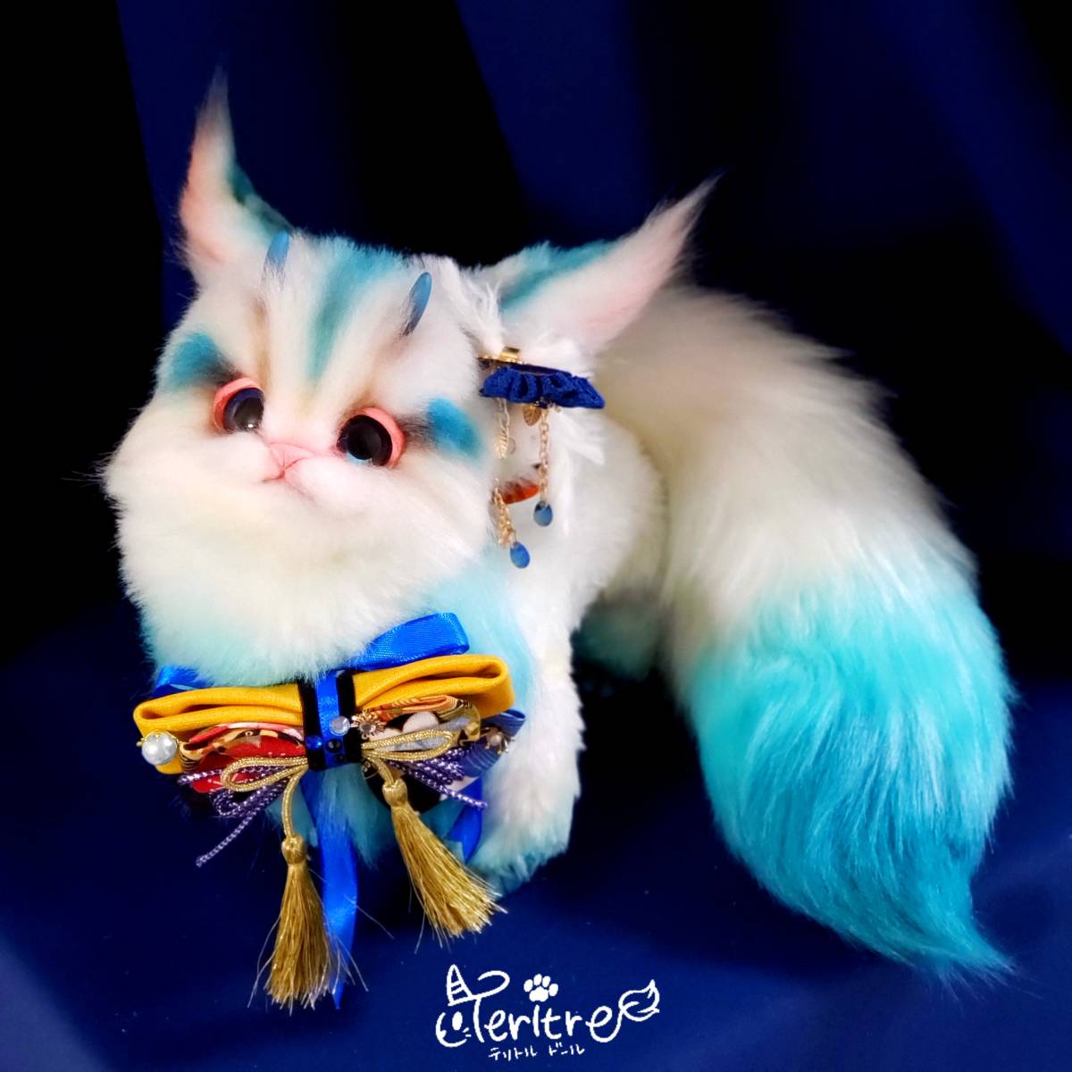 テリトルドール】ハンドメイド ぬいぐるみ 幻獣 狐 和風 稲荷 青 テリトルドール】ハンドメイド ぬいぐるみ 幻獣 狐 和風 稲荷 青