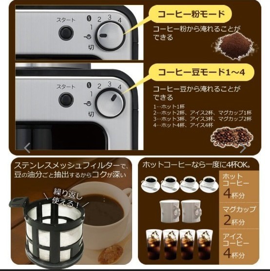 【新品未使用】コーヒーメーカー 全自動 siroca シロカ SC-A221SS ブラック メッシュフィルター 保温機能付き