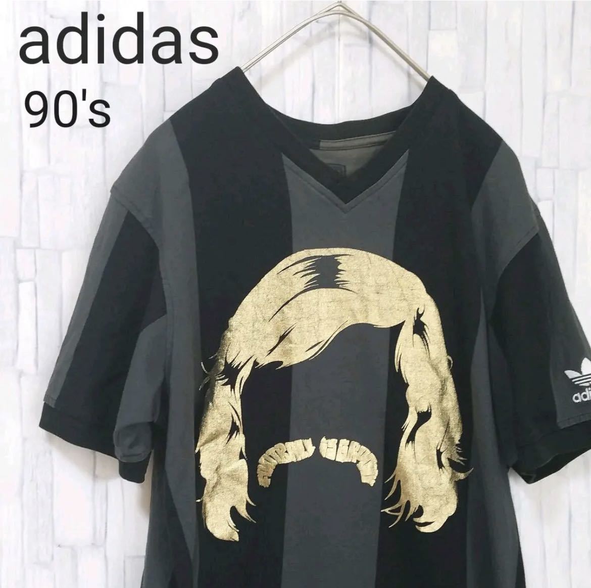 adidas オールド アディダス 半袖 リンガー Tシャツ 90s 90年代 サイズS ブラック トレフォイル デカロゴ ビッグロゴ サッカーシャツ_画像1